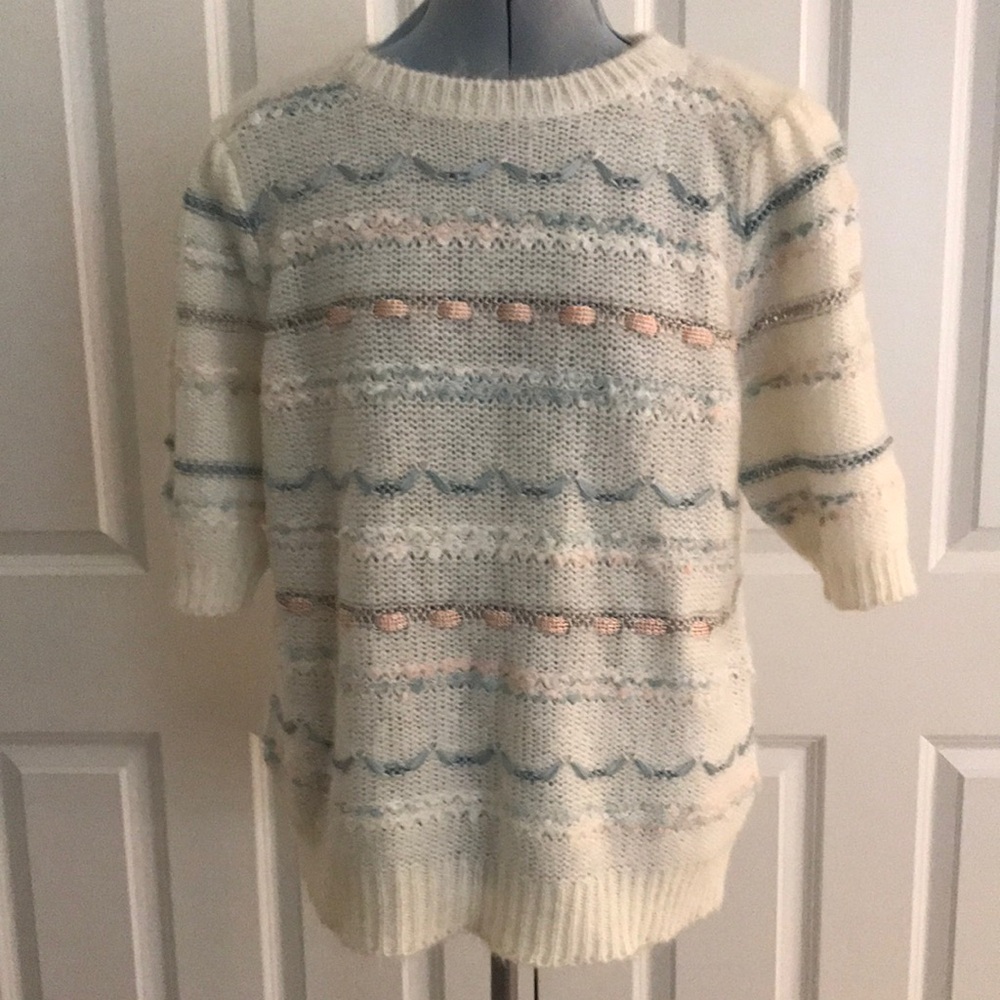 Vintage Separate Impressions Ivory Sweater Blue Pink Ribbon Detail Size XL